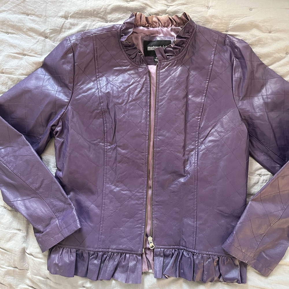 Metrostyle Purple Leather Jacket with Ruffle Detail